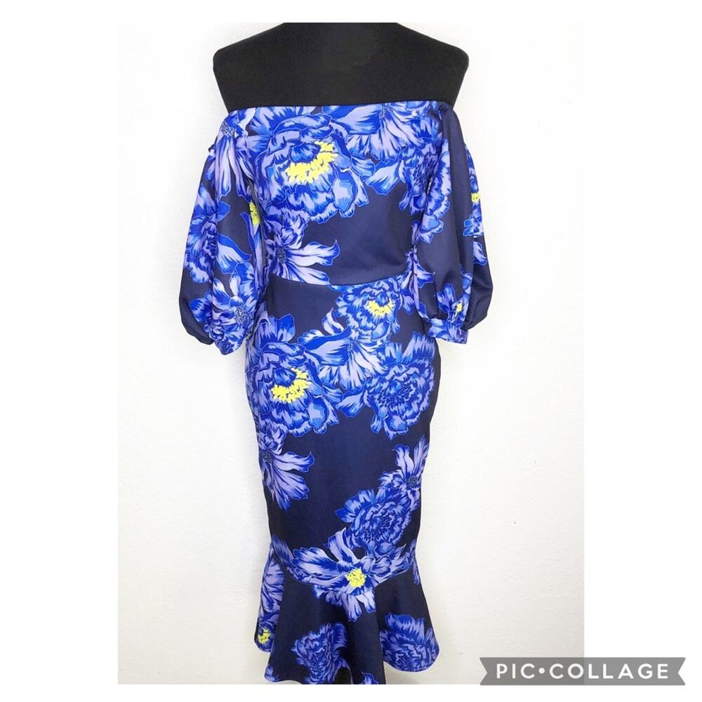 True Violet blue yellow floral off shoulder puff sleeve ruffle hem midi dress 10